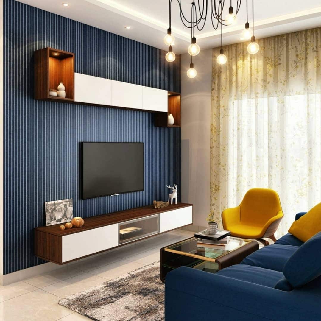 11. Contemporary Contrast with Mustard Accents - navy blue living room ideas