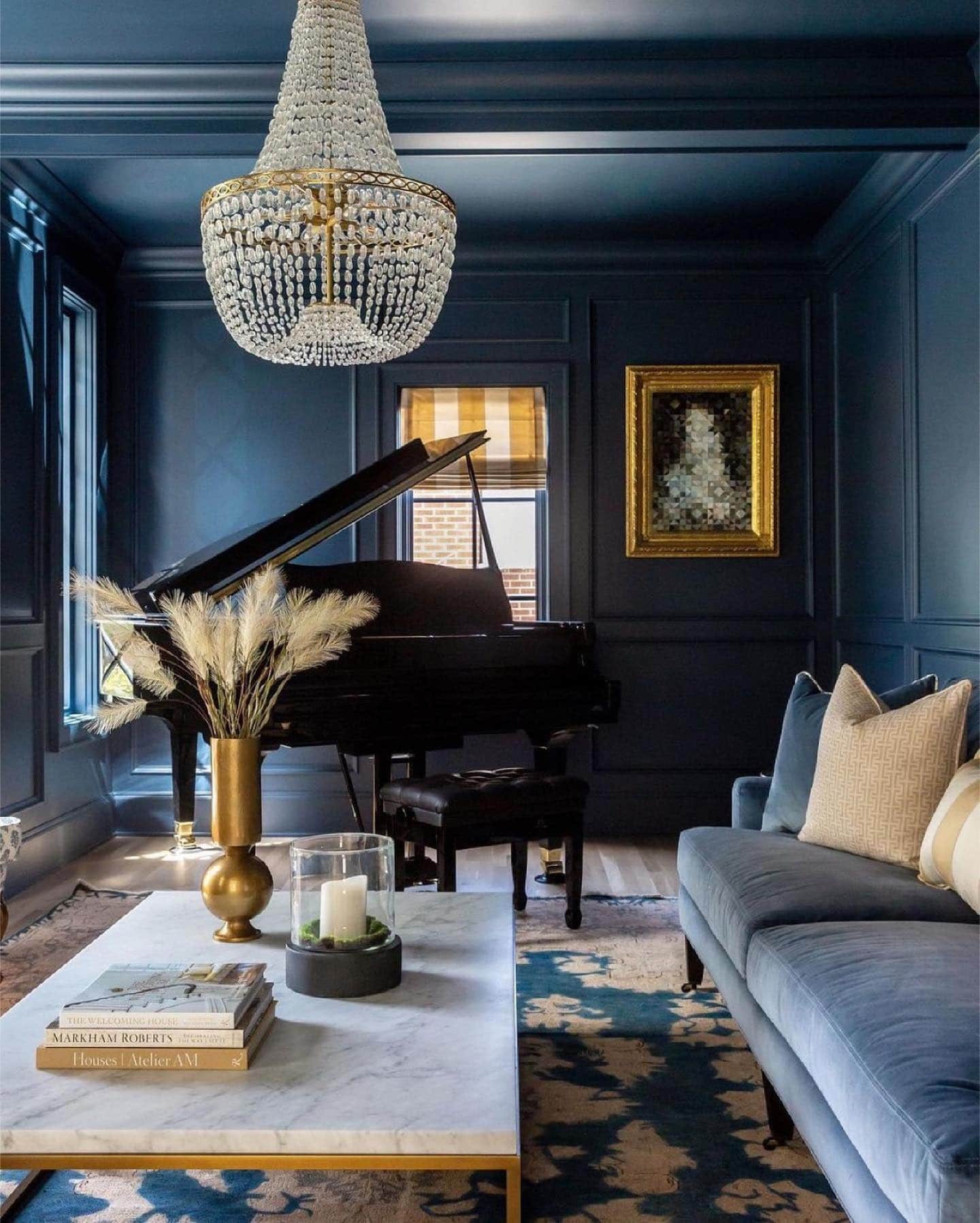 12. Classic Elegance with a Grand Piano - navy blue living room ideas