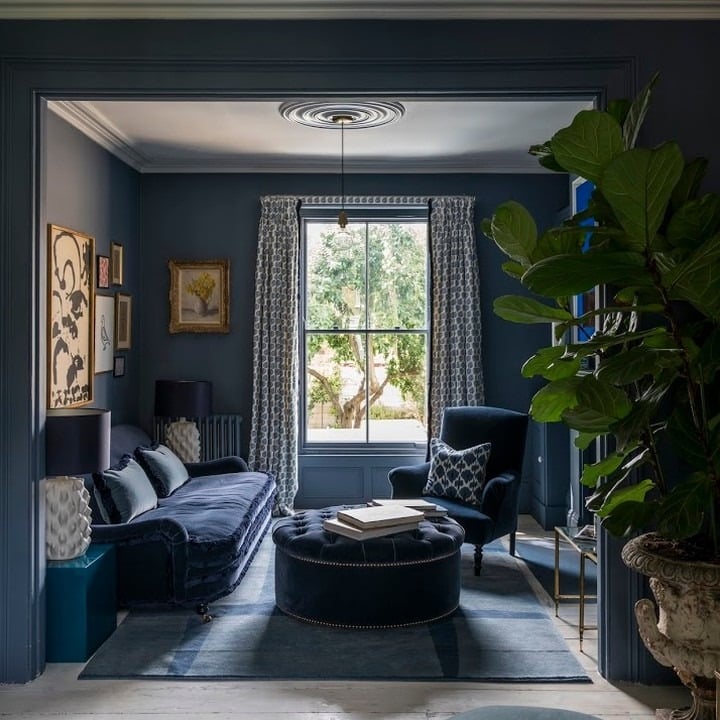 13. Cozy Corners in Deep Navy - navy blue living room ideas