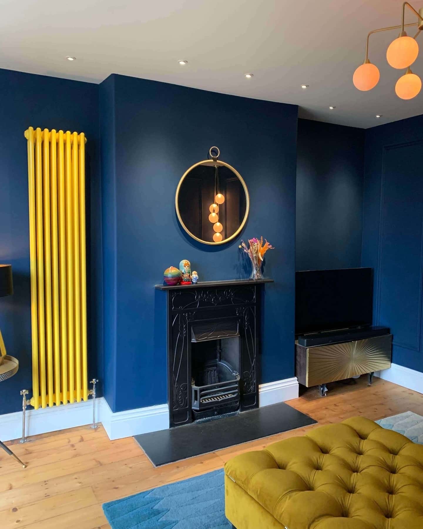 14. Bold Navy with Sunshine Yellow - navy blue living room ideas