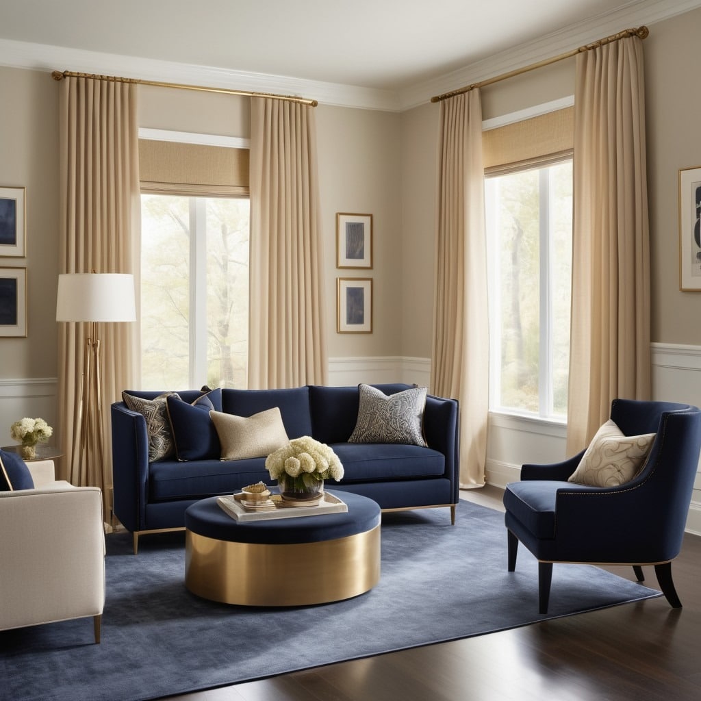 16. Sophisticated Contrast with Neutral Drapery - navy blue living room ideas
