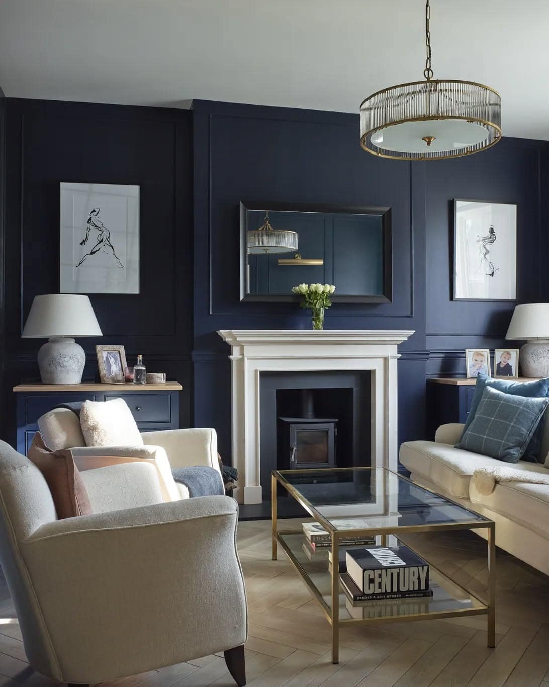 18. Modern Traditional with Fireplace Focus - navy blue living room ideas