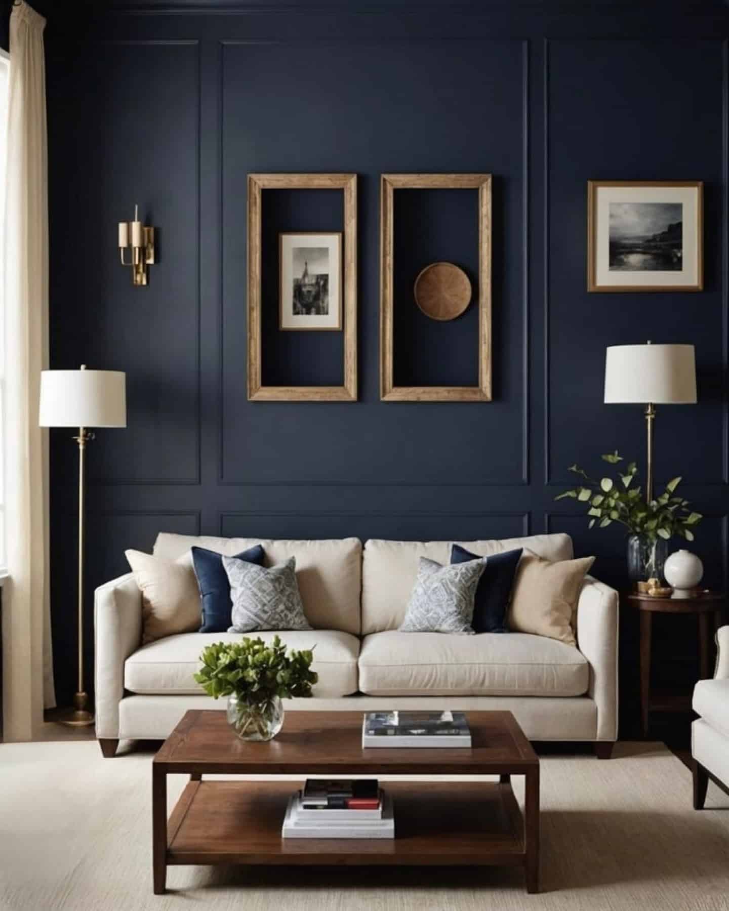 19. Tailored Navy with Warm Wood Accents - navy blue living room ideas