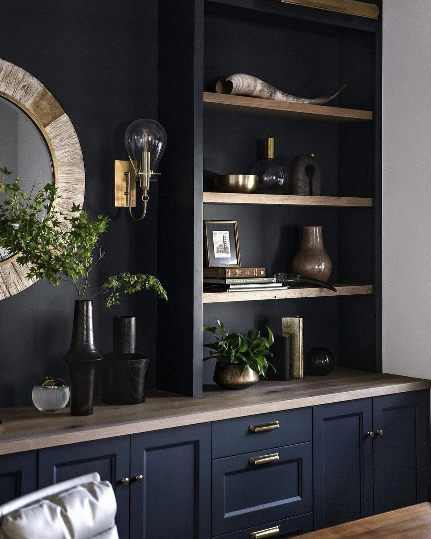 21. Modern Navy with Brass and Wood Accents - navy blue living room ideas