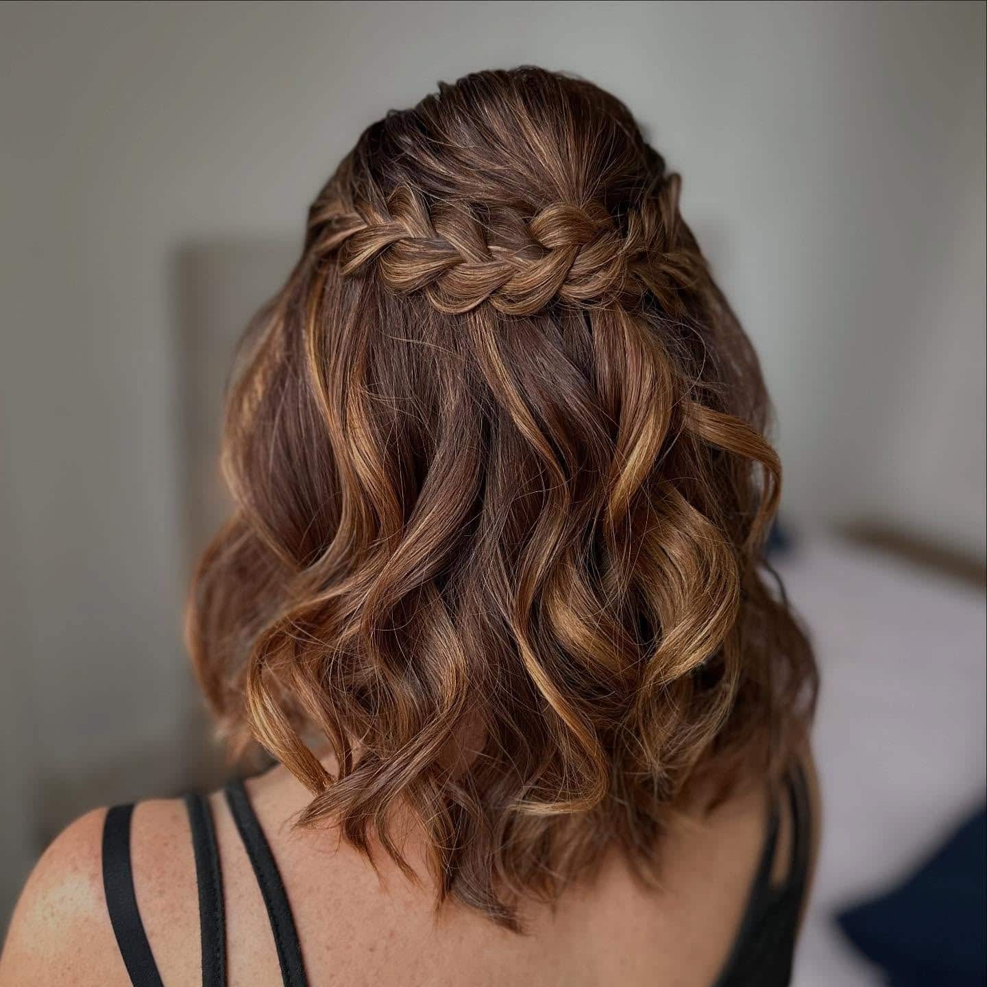 20. Braided Crown on Wavy Auburn Lob - Wavy Hairstyles