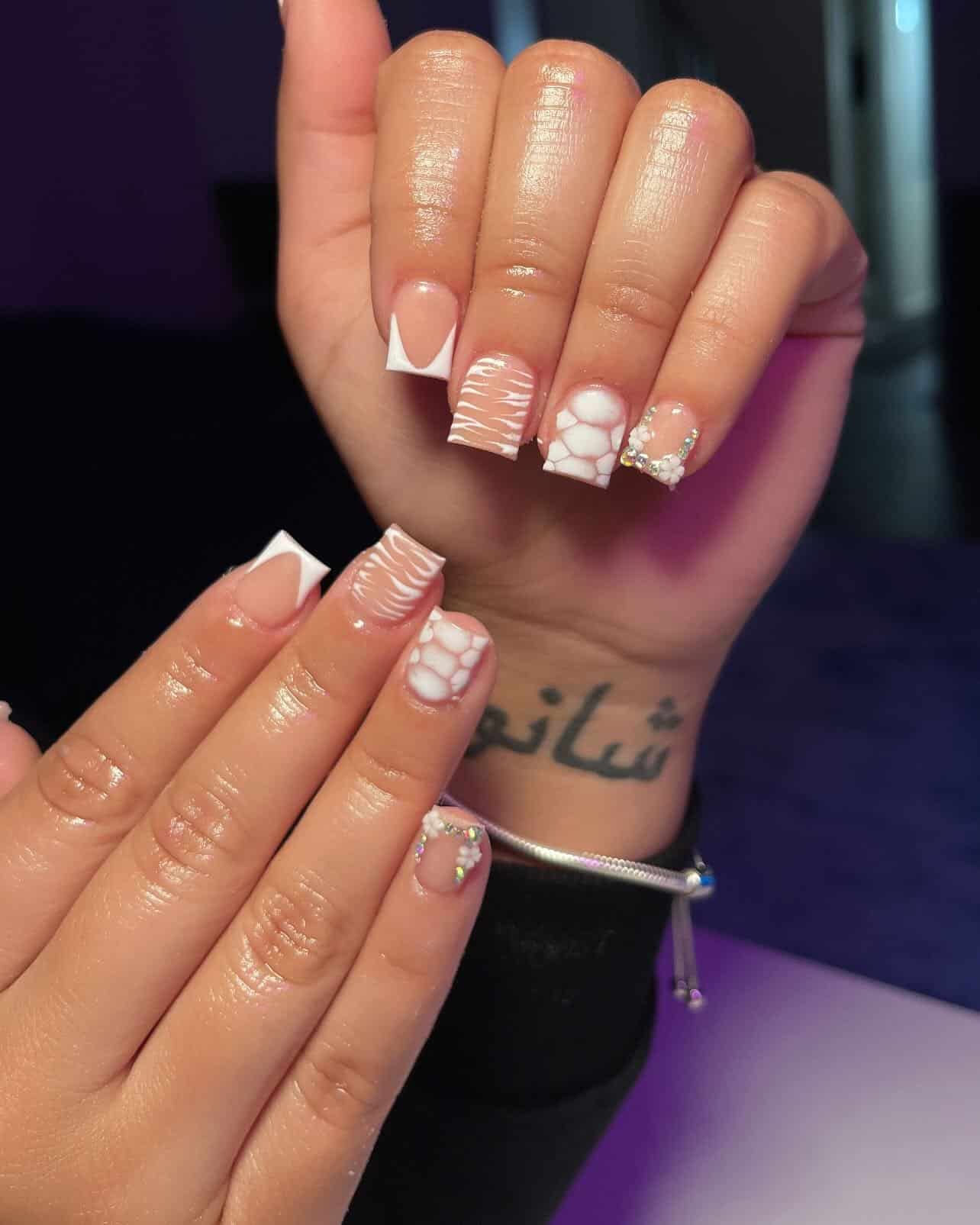 8. Mixed White French with Texture and Gems - simple short square nail ideas