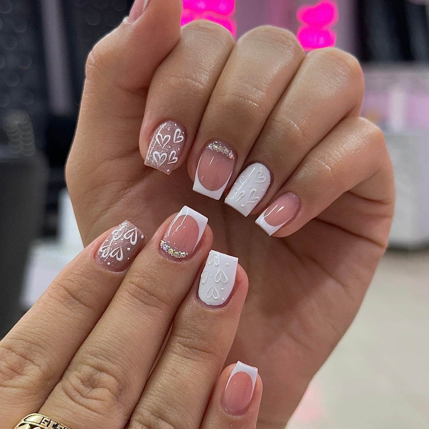 10. Romantic French with Glitter and Hearts - simple short square nail ideas