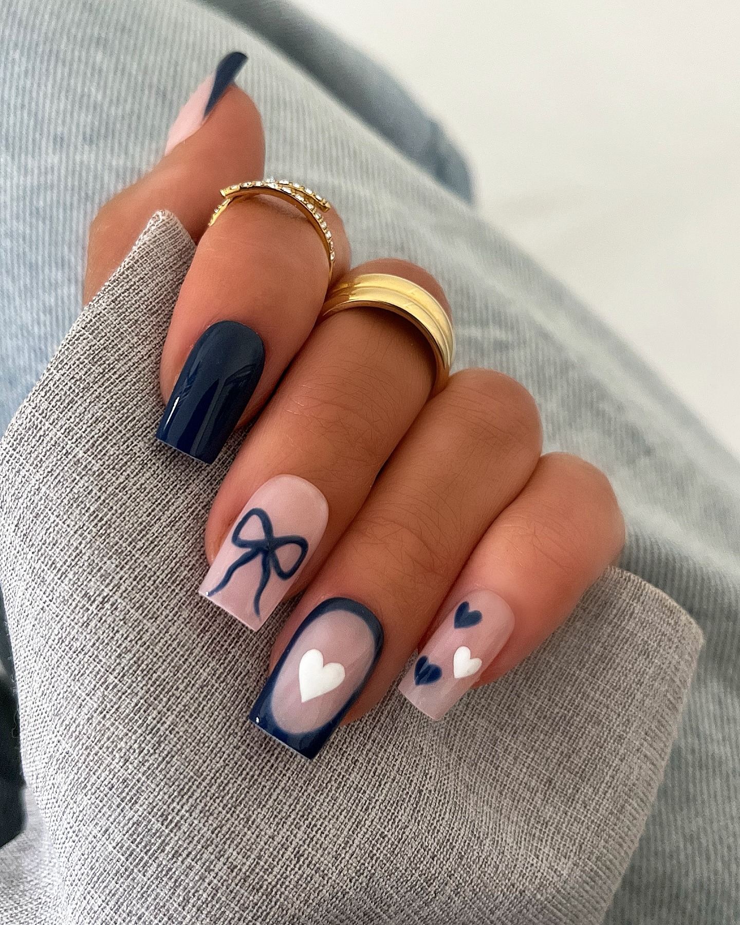 17. Navy Blue and White Heart Accents - simple short square nail ideas