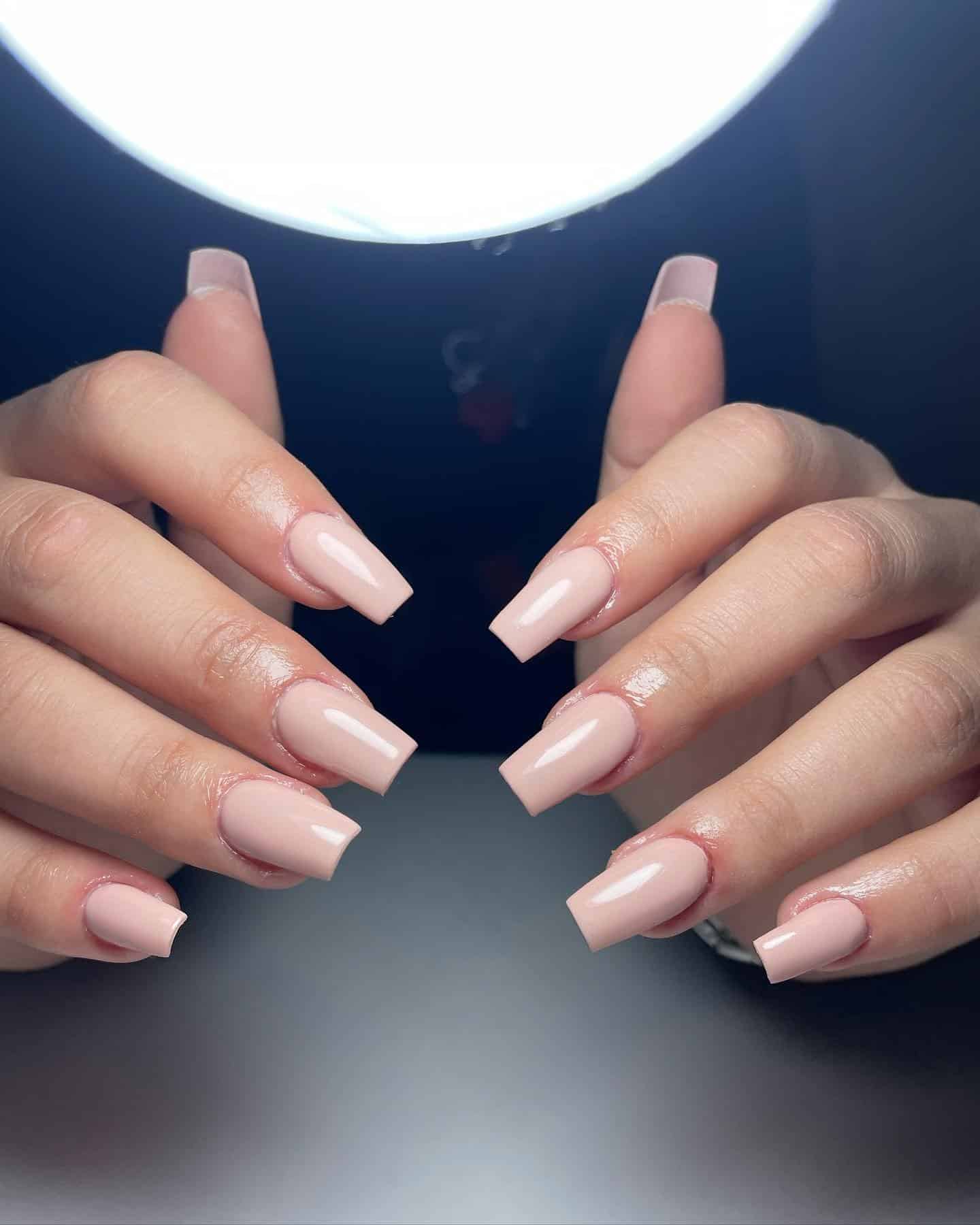 4. Glossy Nude Square Nails - simple square nail ideas