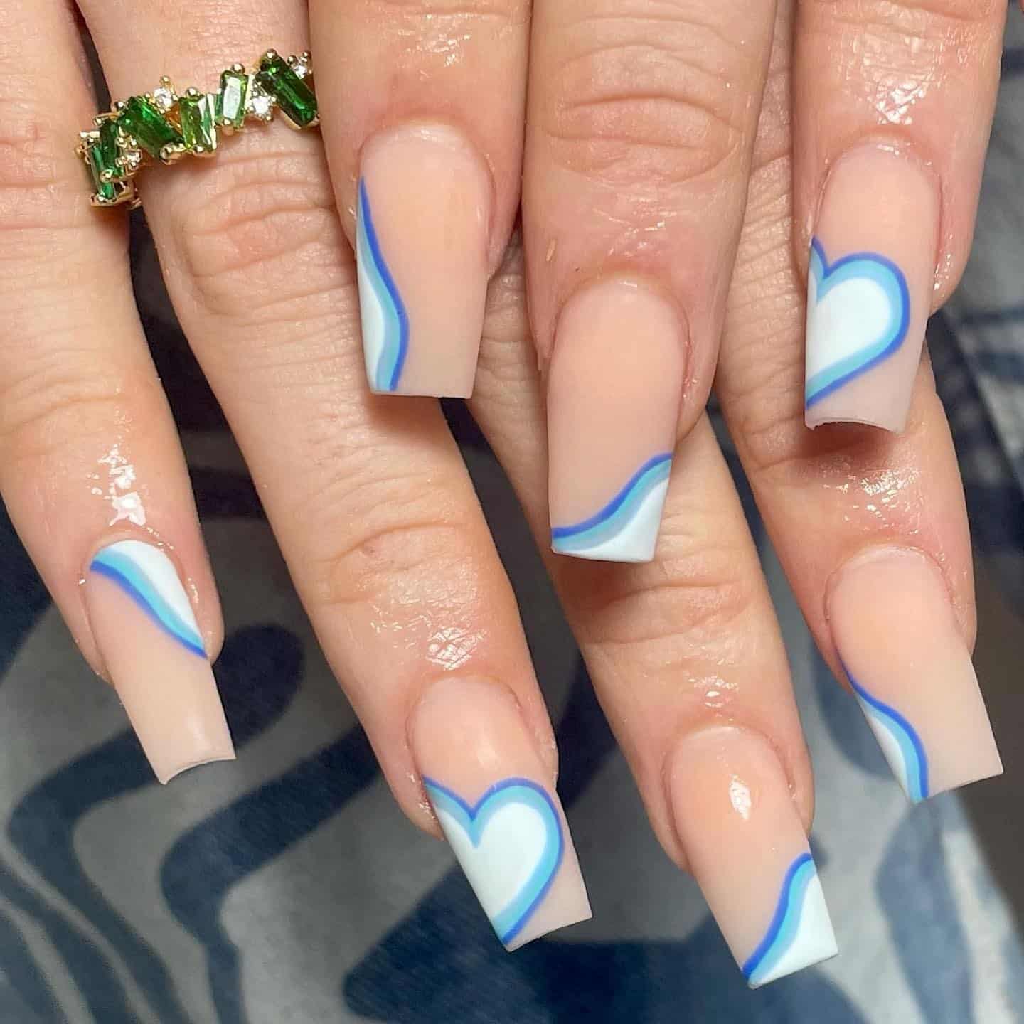 5. Blue Heart Accent Square Nails - simple square nail ideas