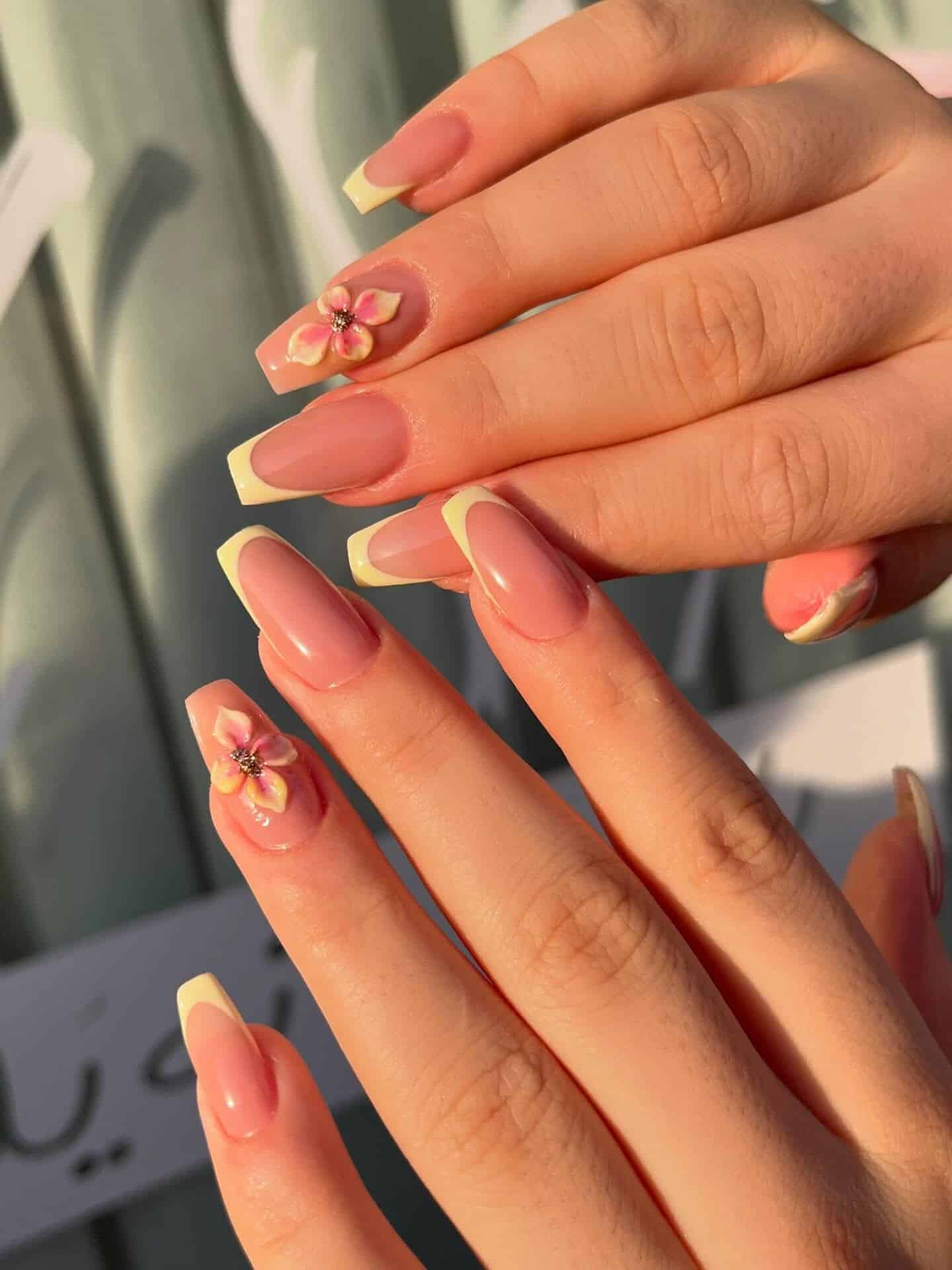 8. Yellow French Floral Square Nails - simple square nail ideas