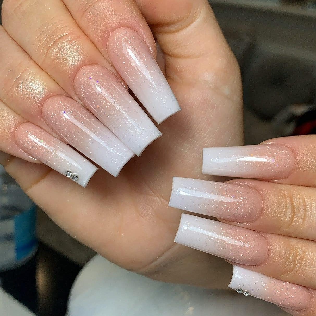 13. Sparkling White Ombre Square Nails - simple square nail ideas