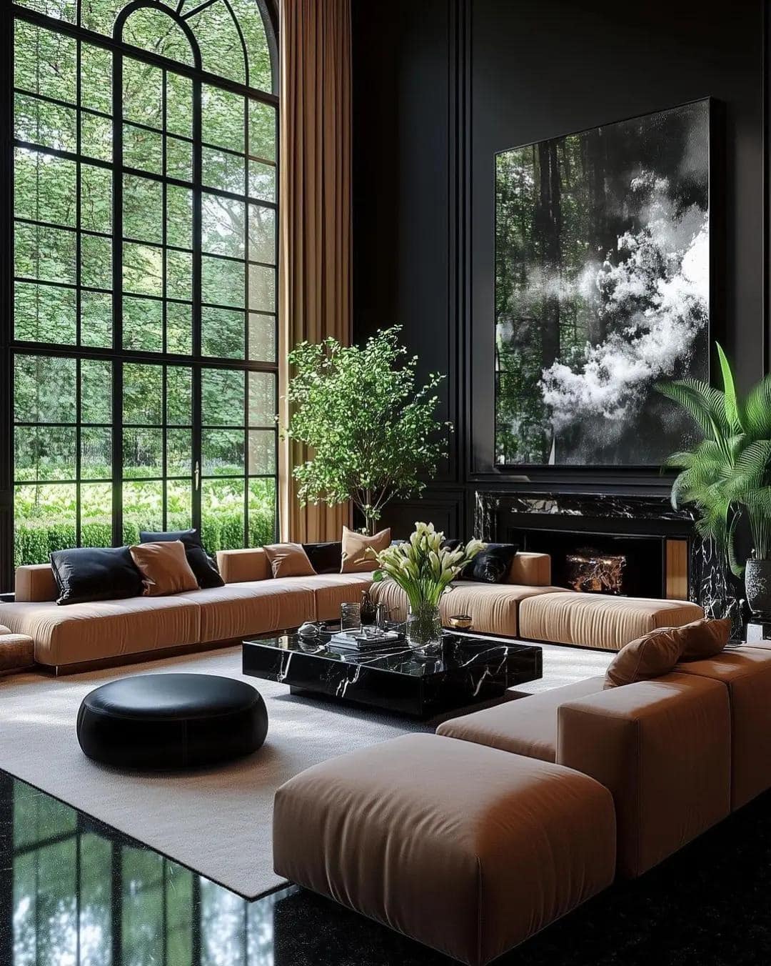 1. Grand Contrast with Modern Drama - brown and black living room ideas