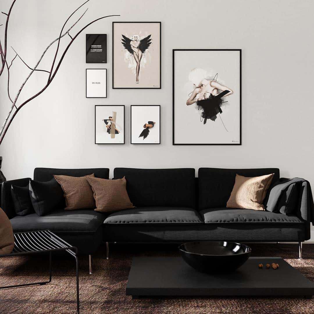 3. Artful Edge in Minimal Black and Brown - brown and black living room ideas