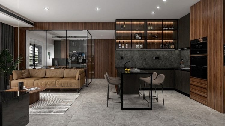 6. Sophisticated Open-Plan Balance - brown and black living room ideas