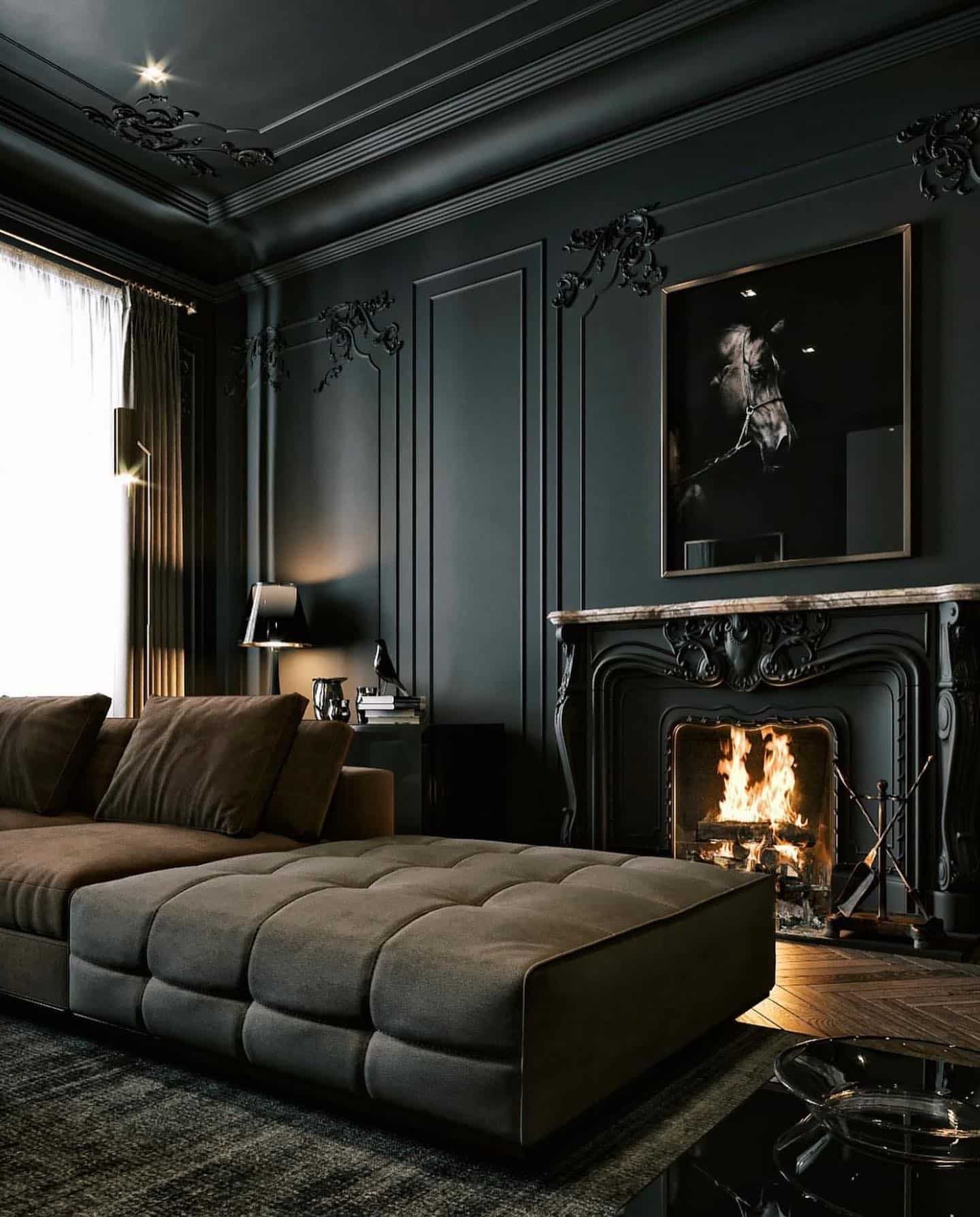 19. Dark Elegance with Ornamental Detailing - brown and black living room ideas