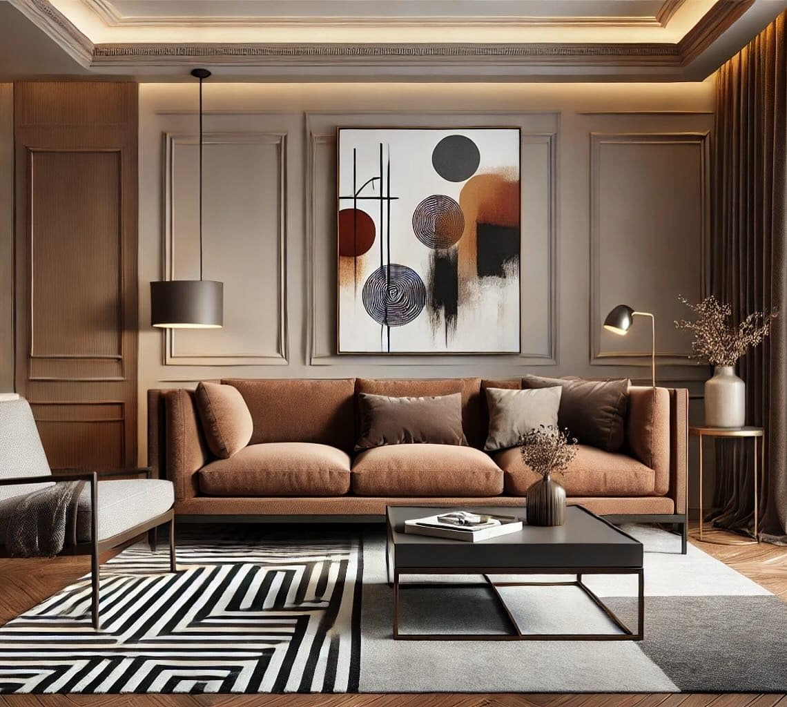 21. Geometric Balance with Warm Neutrals - brown and black living room ideas