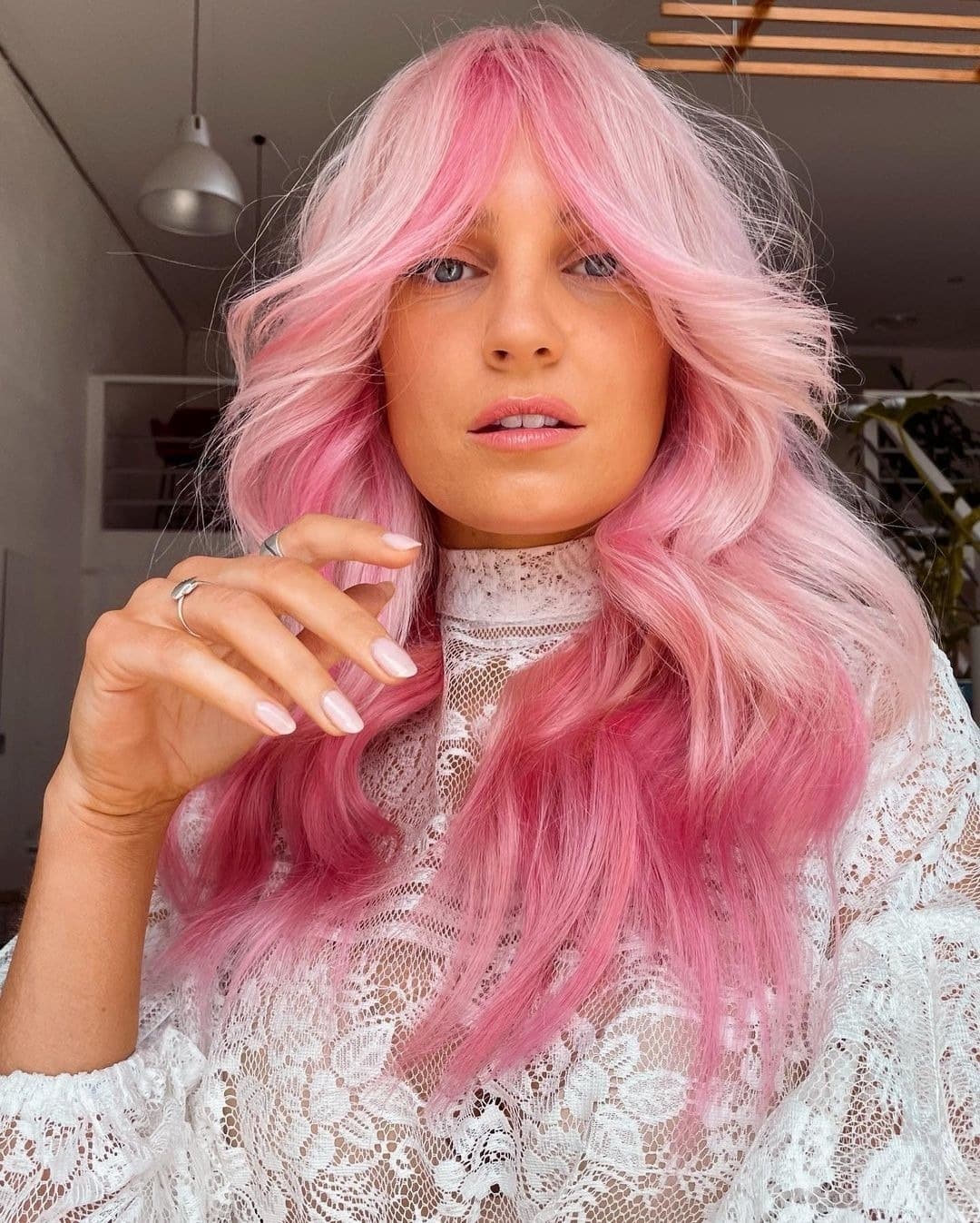 13. Pastel Pink Waves with Curtain Bangs - 70S Hairstyles