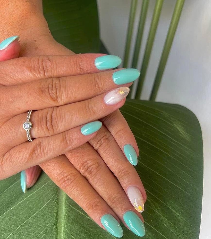 17. Tiffany Blue Almond Nails with Sheer Accents - tiffany blue nail ideas