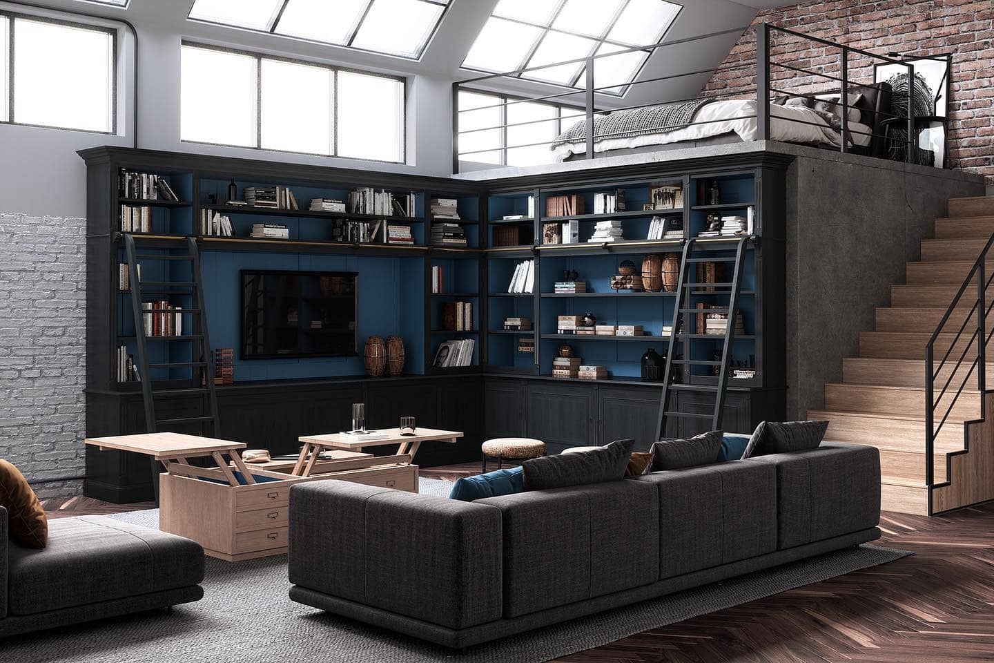 2. Loft-Style Library with Blue Depths - black and blue living room ideas