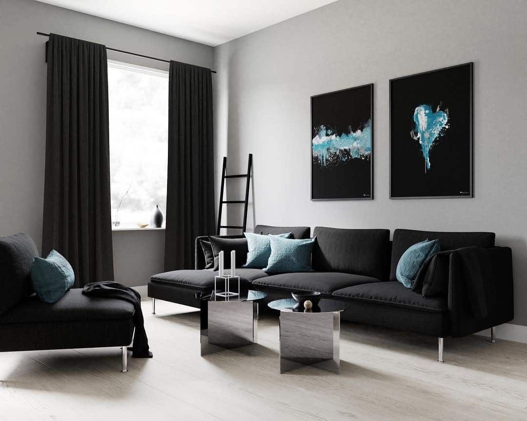 7. Monochrome Drama with Aqua Accents - black and blue living room ideas