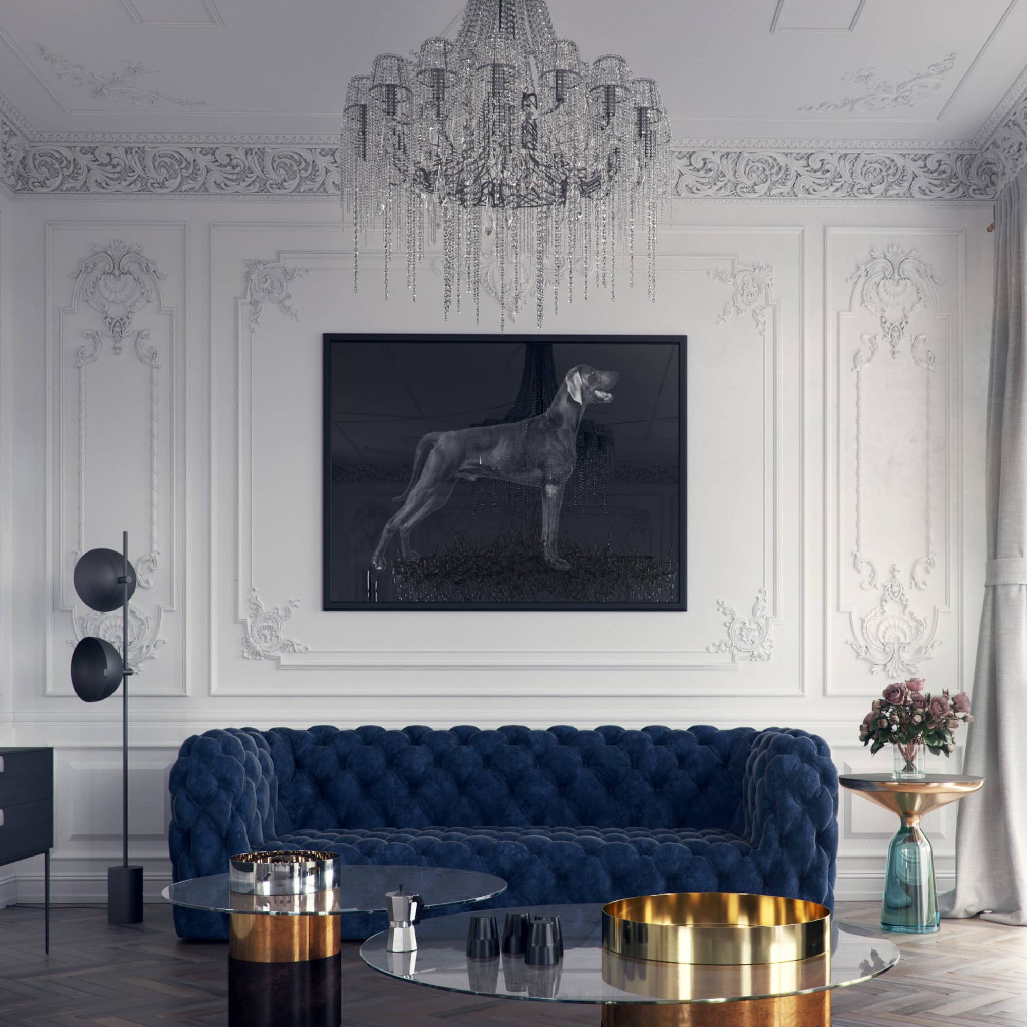 11. Regal Drama with Deep Blue Velvet - black and blue living room ideas