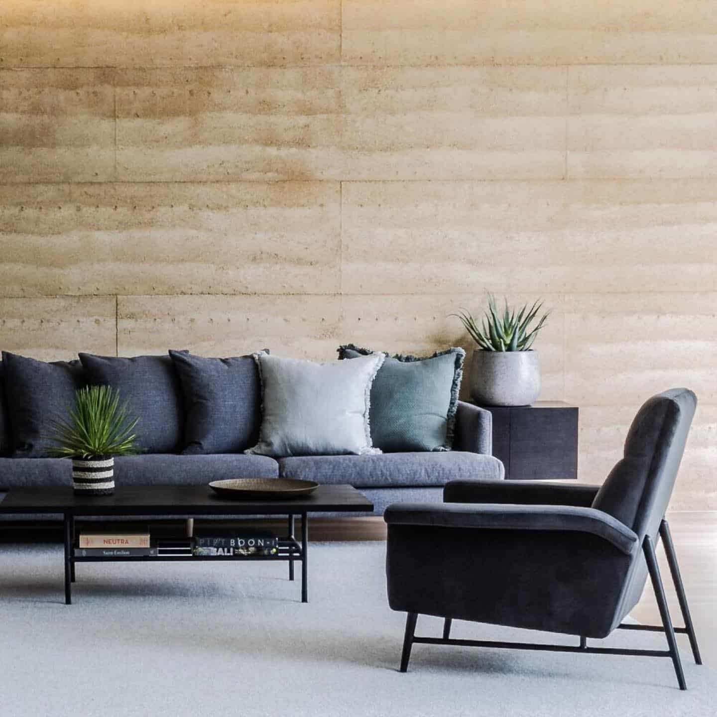 12. Relaxed Modern with Natural Tones - black and blue living room ideas