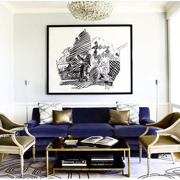 16. Chic Balance with Blue Sofa and Gold Details - black and blue living room ideas