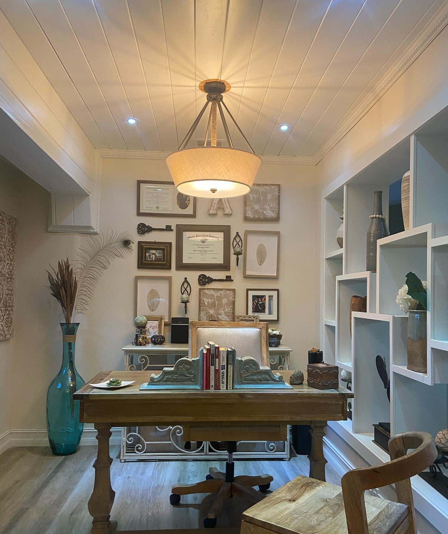 11. Traditional Rustic with Warm Whites and Wood Accents - rustic office ideas