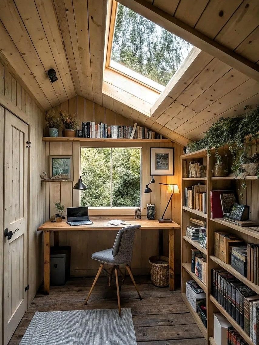 14. Cabin Retreat Rustic in Natural Pine - rustic office ideas