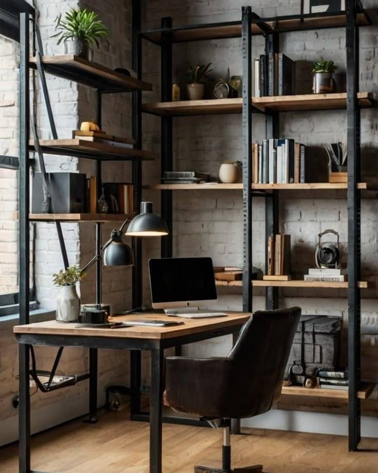 19. Industrial Rustic with Exposed Brick and Metal Framework - rustic office ideas