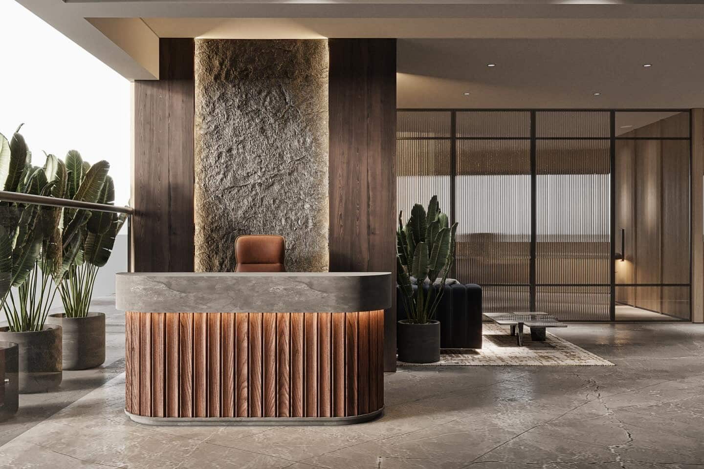 20. Modern Rustic Statement with Stone and Wood Contrast - rustic office ideas