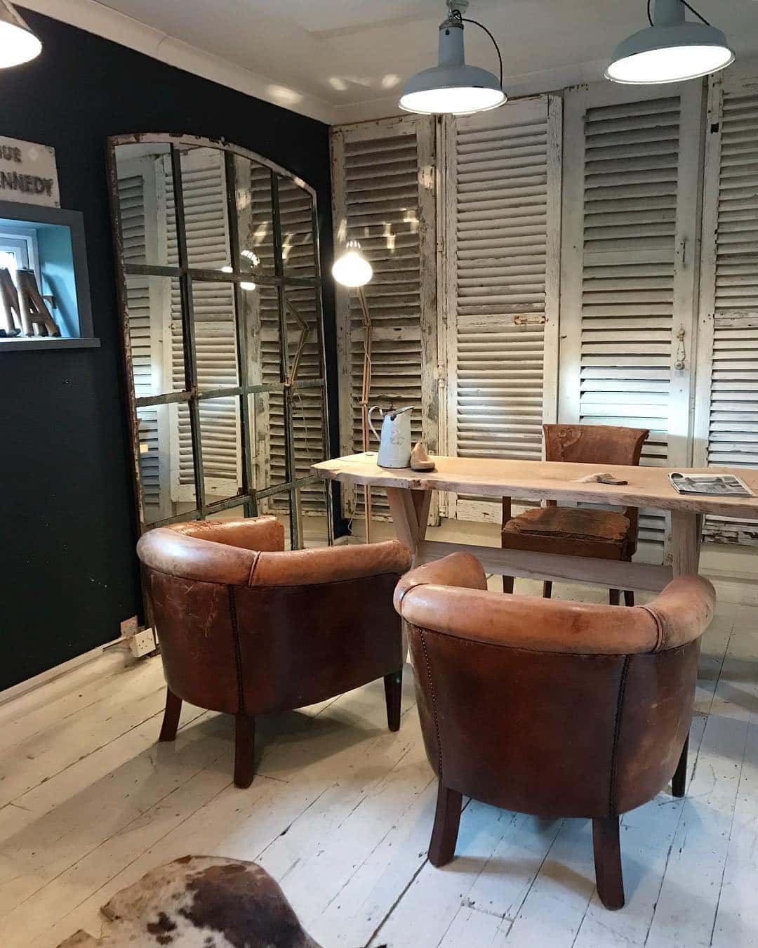 22. Vintage Rustic Office with Leather and Weathered Shutters - rustic office ideas