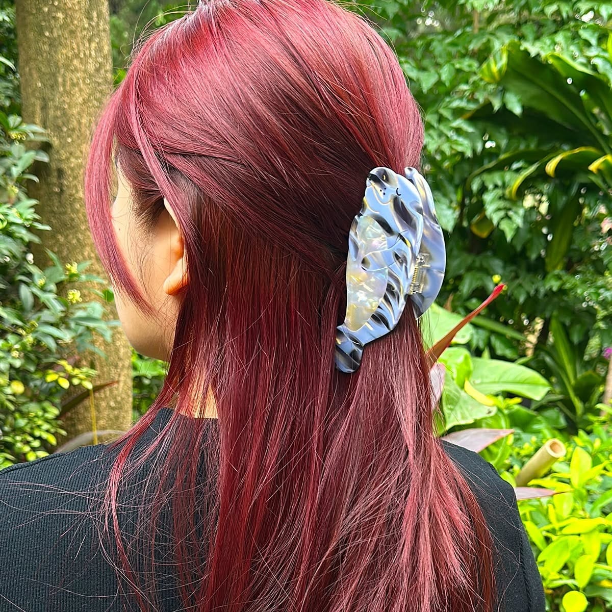 13. Sleek Half-Up with Wave Clip on Deep Burgundy Hair - Claw Clip Hairstyles