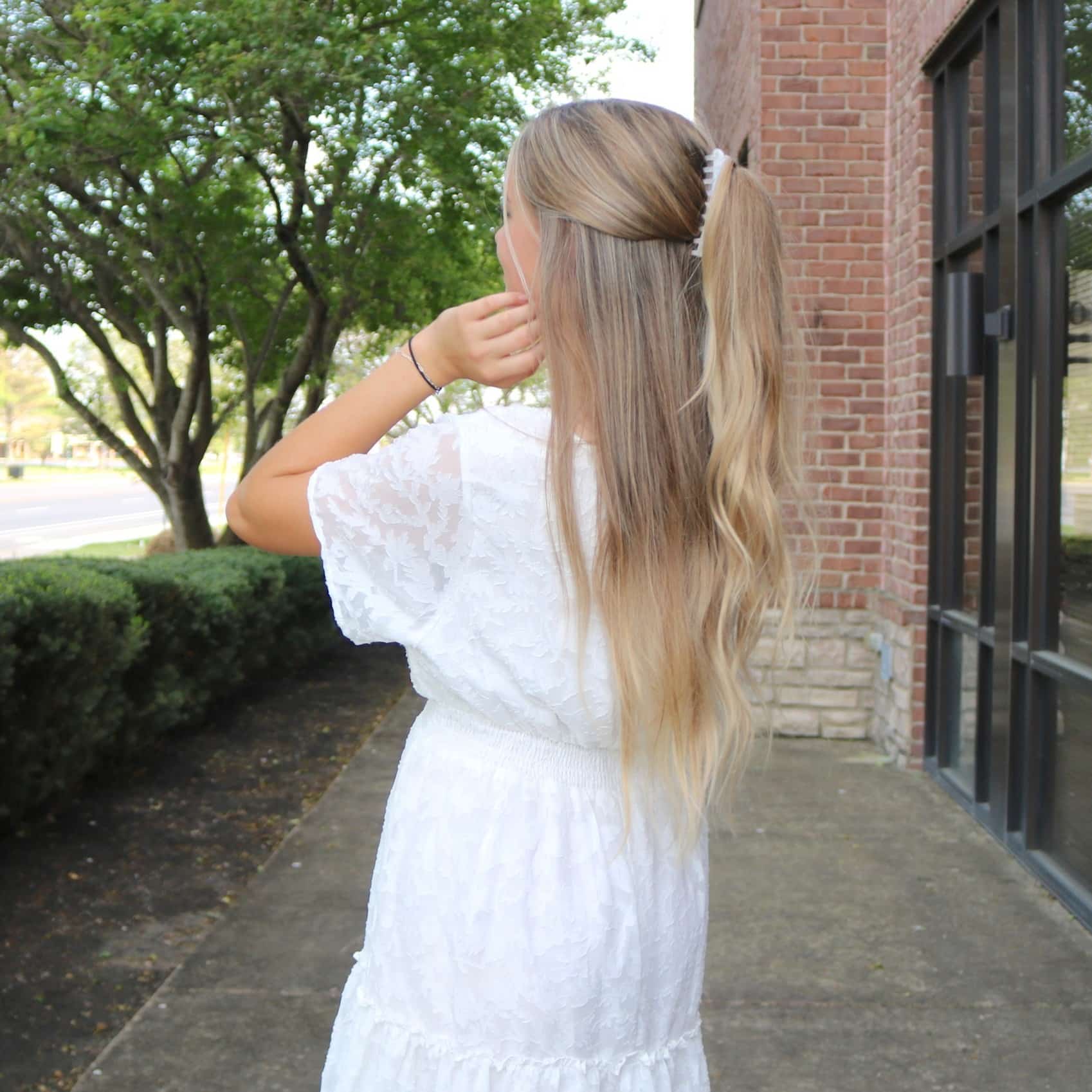 22. Half-Up Ponytail with Pearlized Clip on Ash Blonde Ombre Hair - Claw Clip Hairstyles