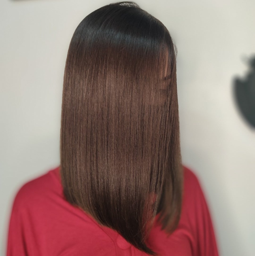 13. Chocolate Brown Angled Lob - Long Bob Hairstyles