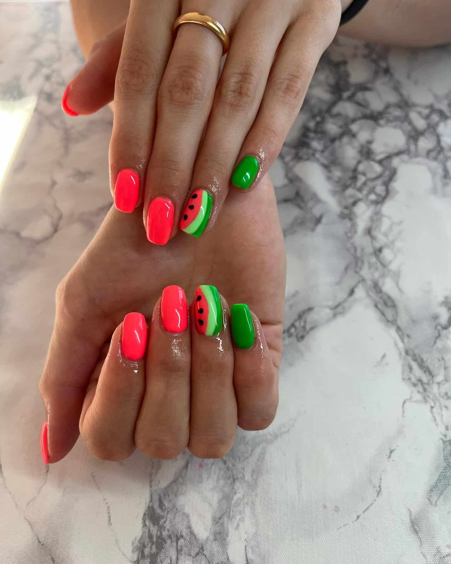 1. Neon Watermelon Accents with Green Pop - watermelon nail ideas