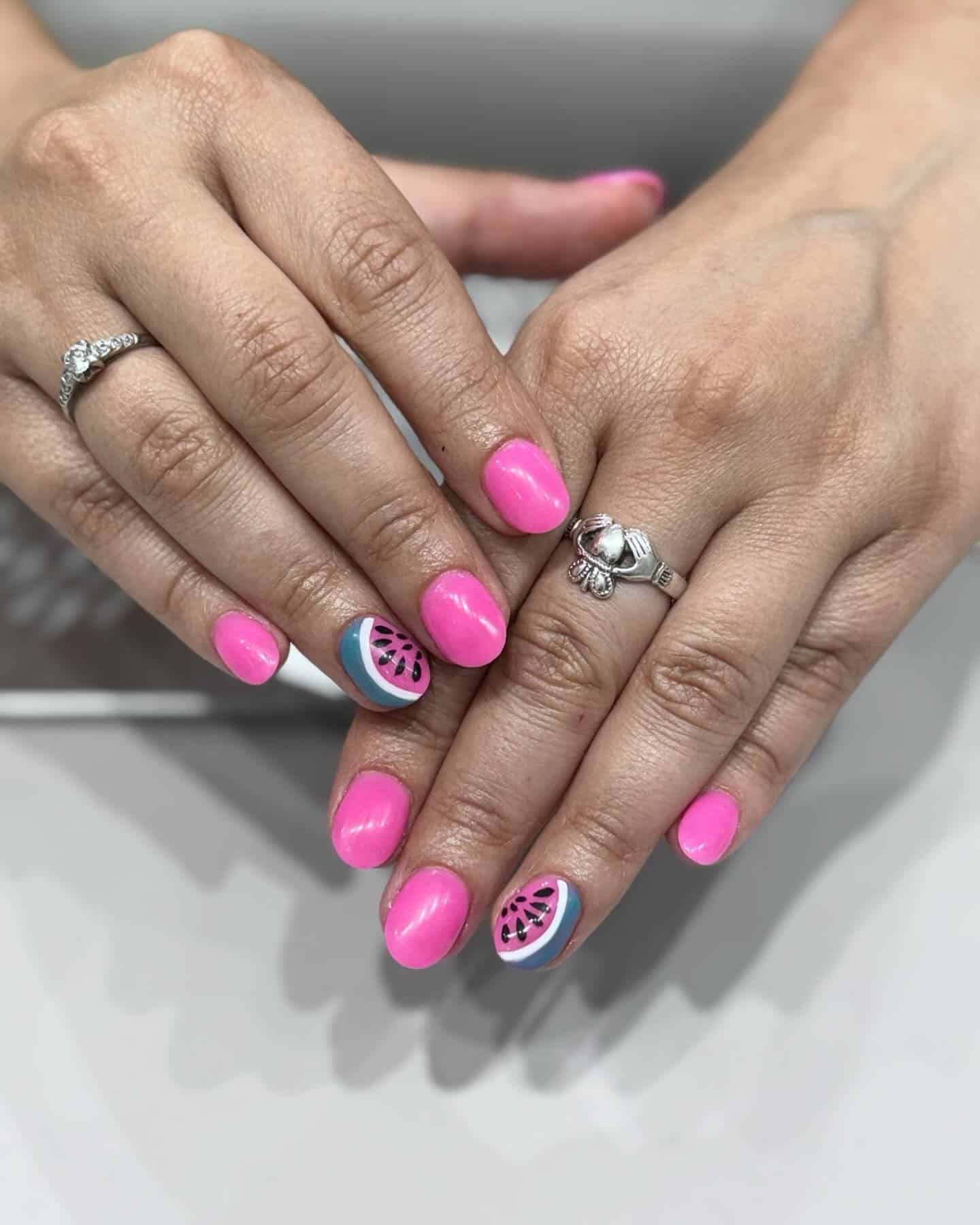 2. Candy Pink Watermelon Slices - watermelon nail ideas