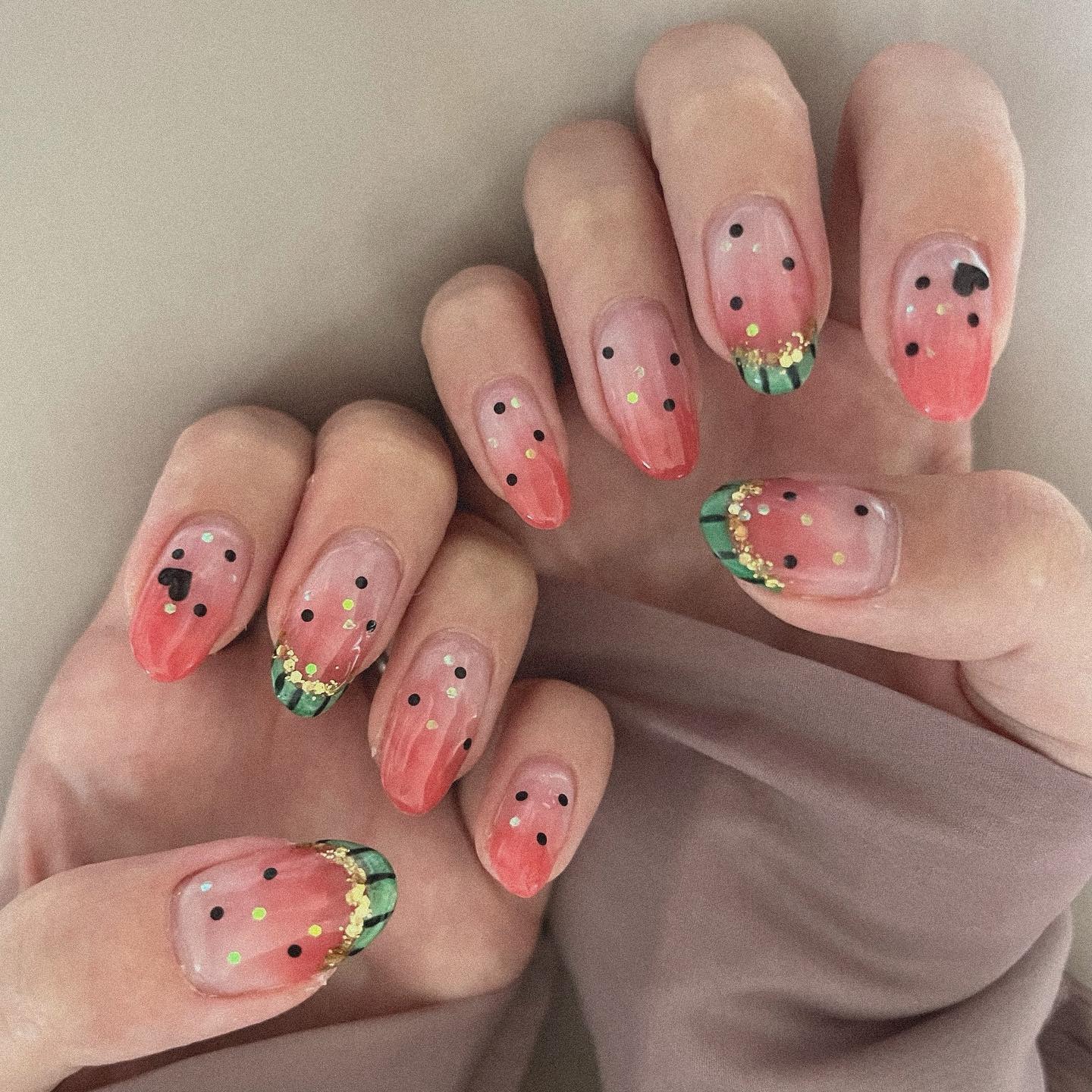 4. Glittered Watermelon Ombre - watermelon nail ideas