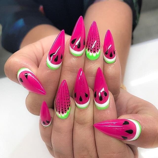 6. Bold Watermelon Stiletto Nails - watermelon nail ideas
