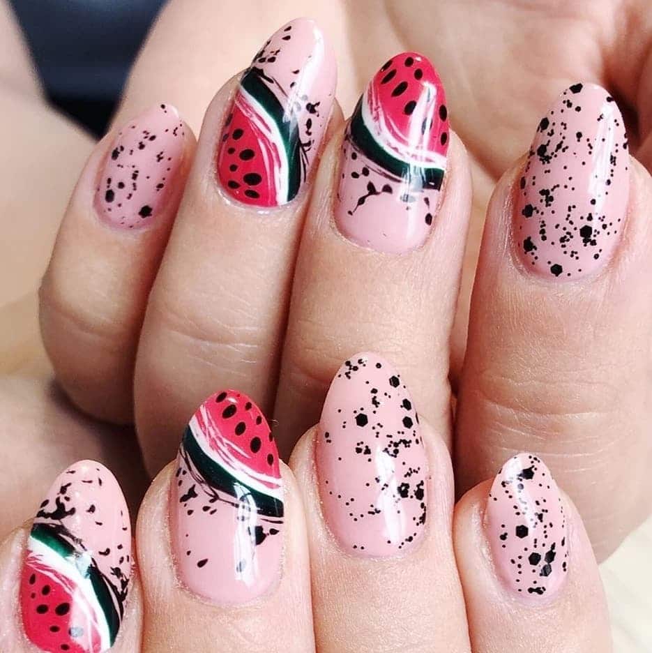 7. Artistic Watermelon Brush Strokes - watermelon nail ideas