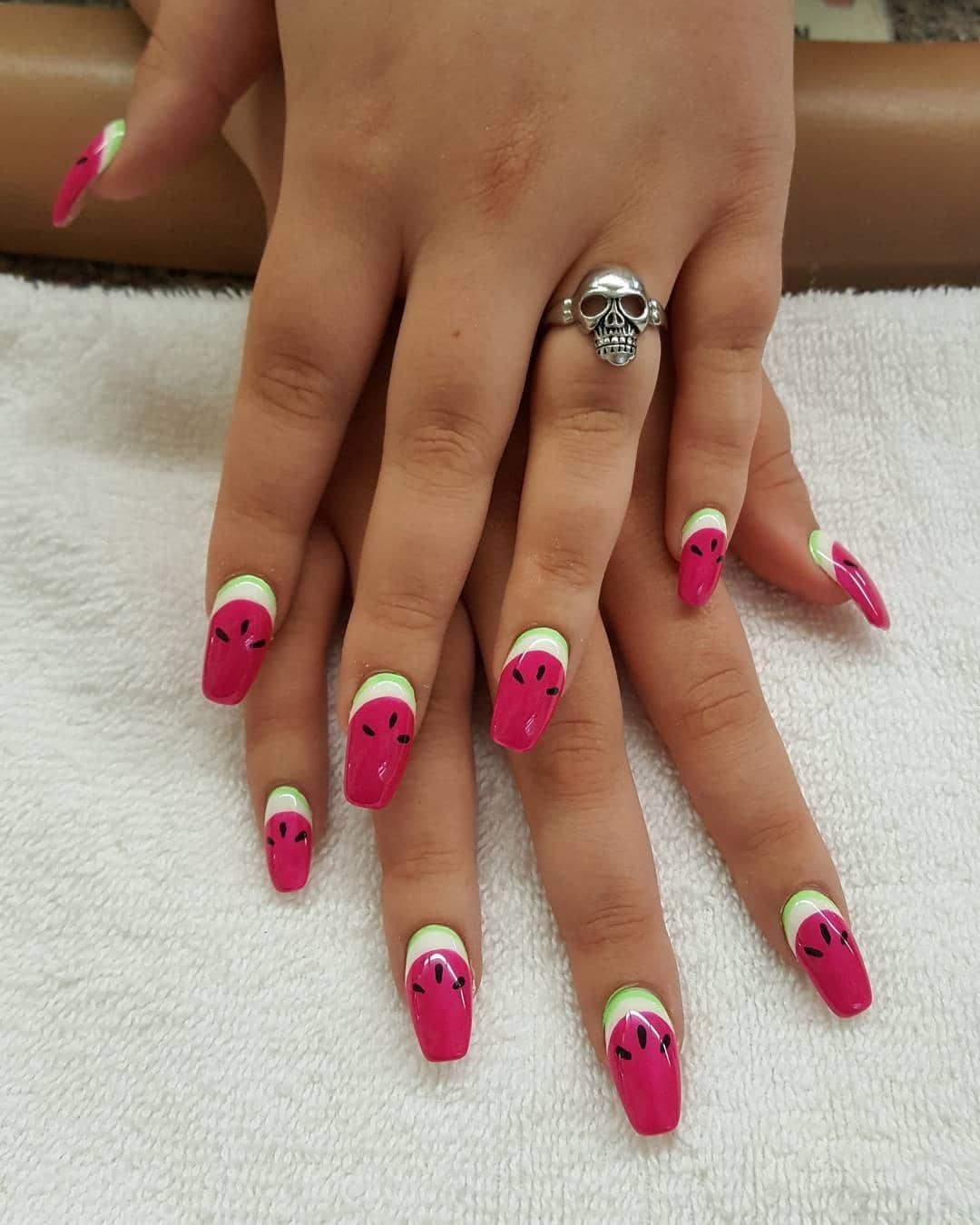 8. Watermelon French-Inspired Nails - watermelon nail ideas