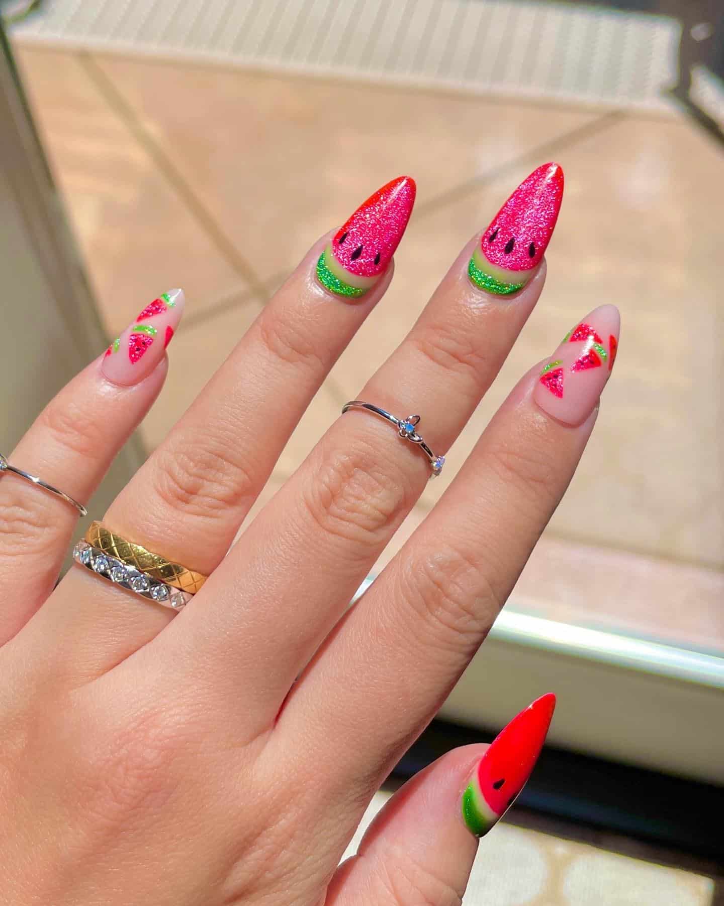 10. Sparkling Watermelon Glam - watermelon nail ideas