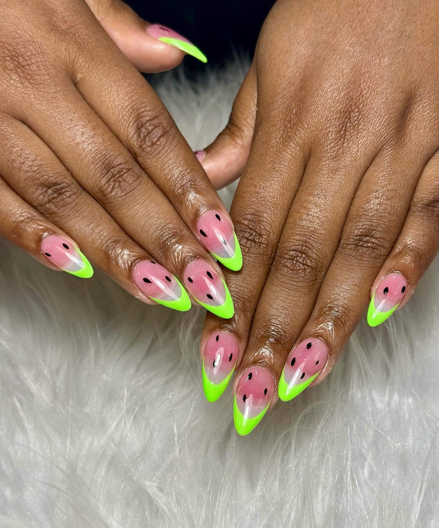 11. Neon Green Watermelon Tips - watermelon nail ideas