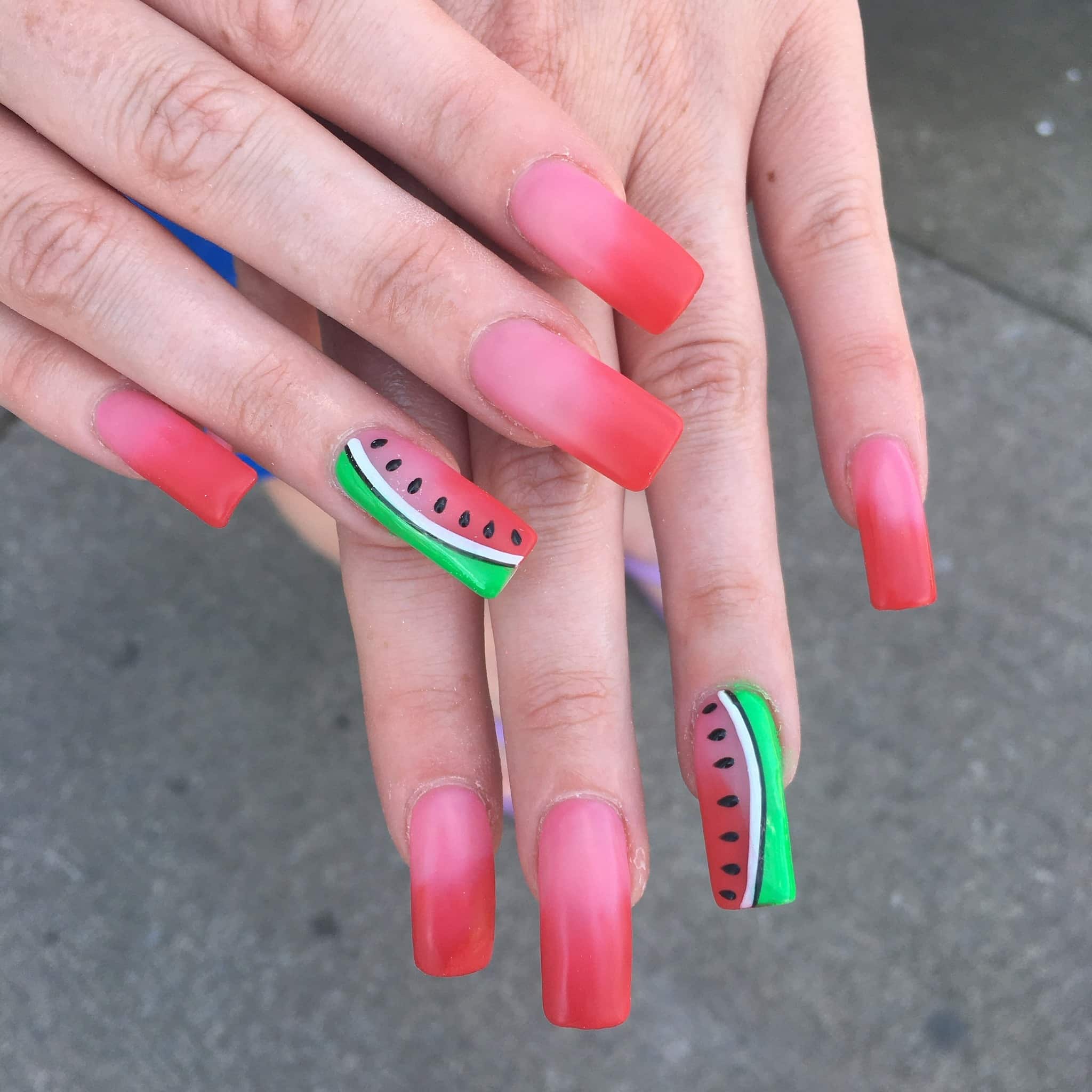 12. Matte Watermelon Ombre with 3D Slices - watermelon nail ideas