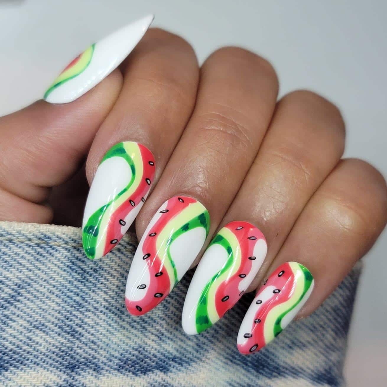 13. Wavy Watermelon Art on White - watermelon nail ideas