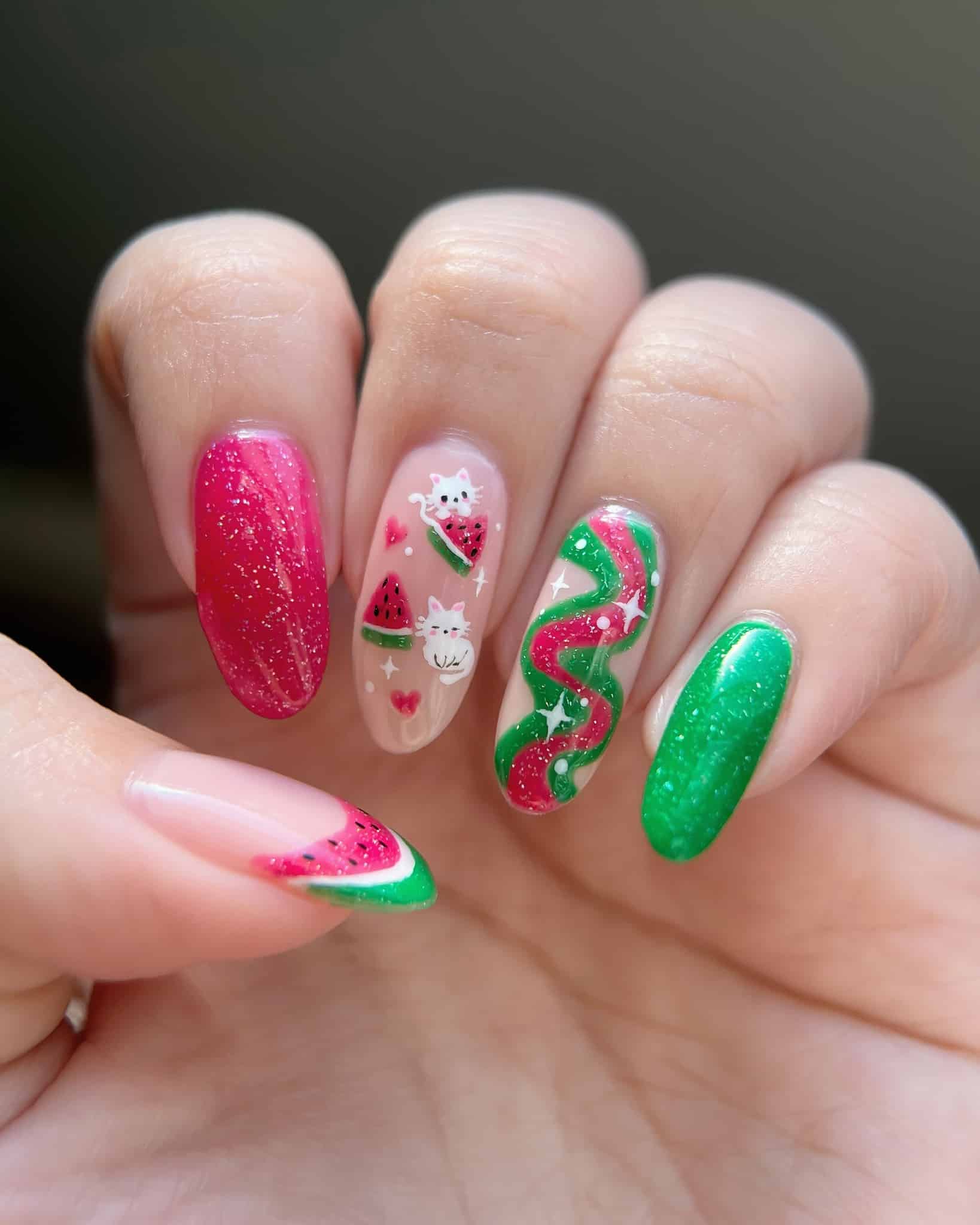14. Watermelon Cats and Glitter Mix - watermelon nail ideas