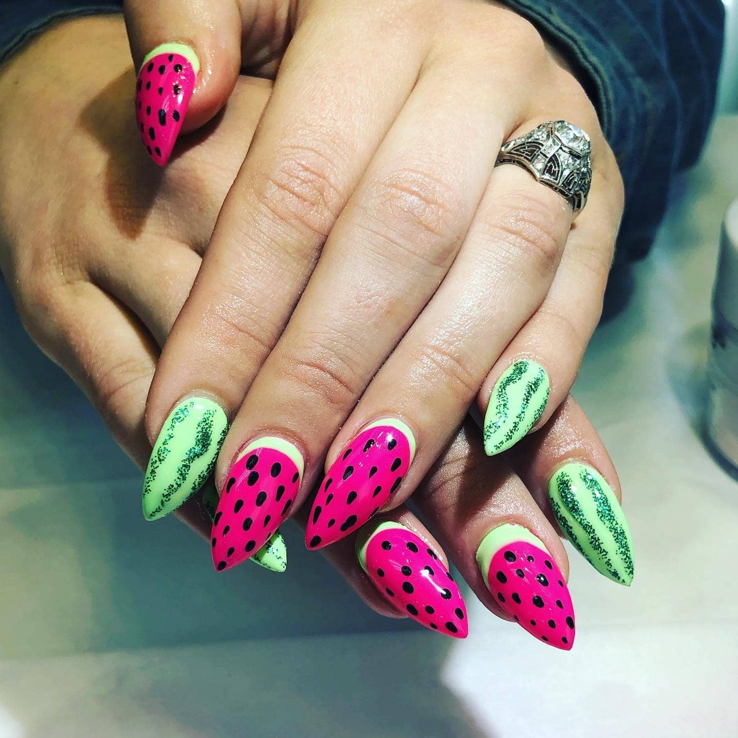 15. Bold Neon Watermelon Stilettos - watermelon nail ideas