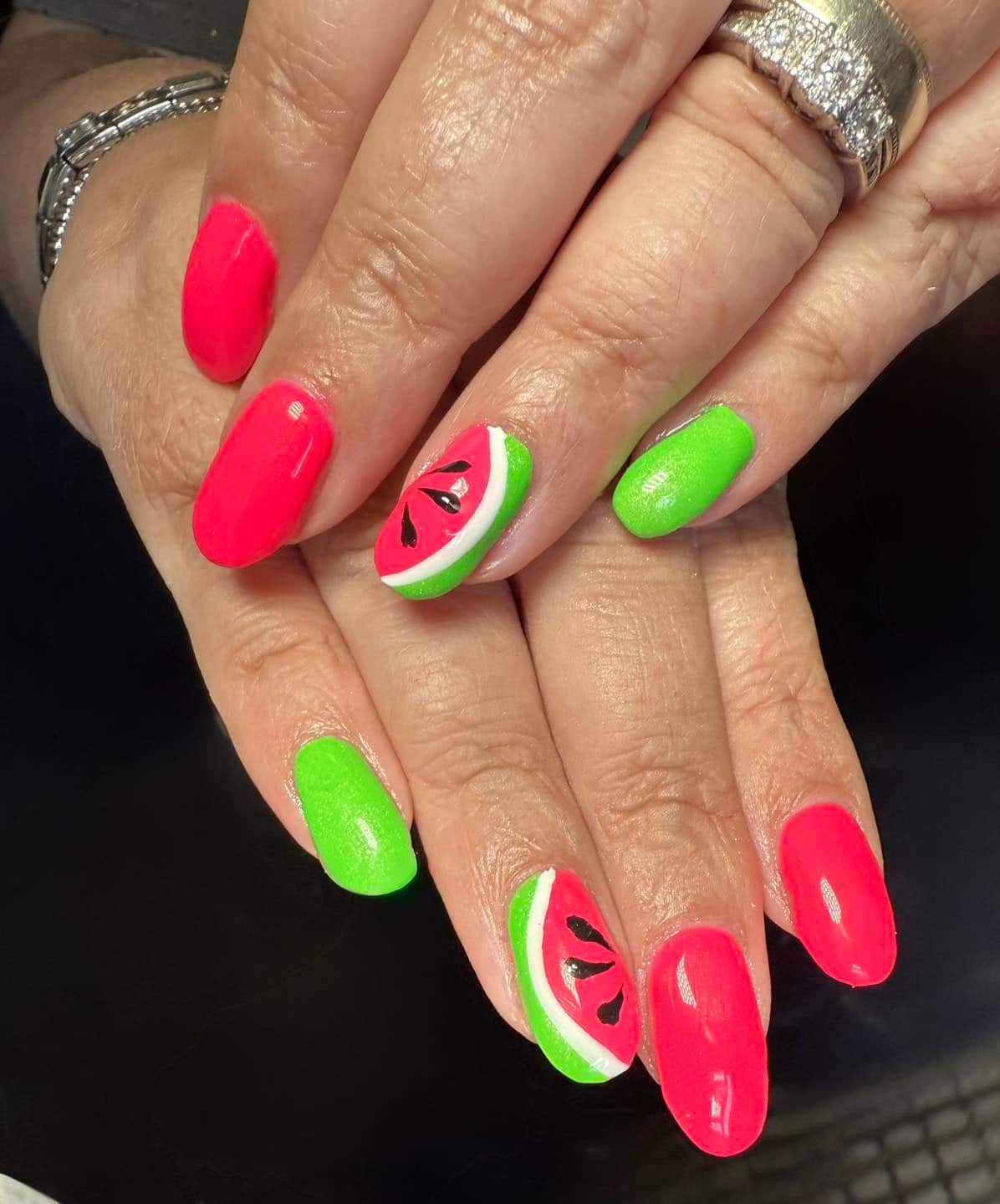 17. Bright Watermelon Accent Combo - watermelon nail ideas