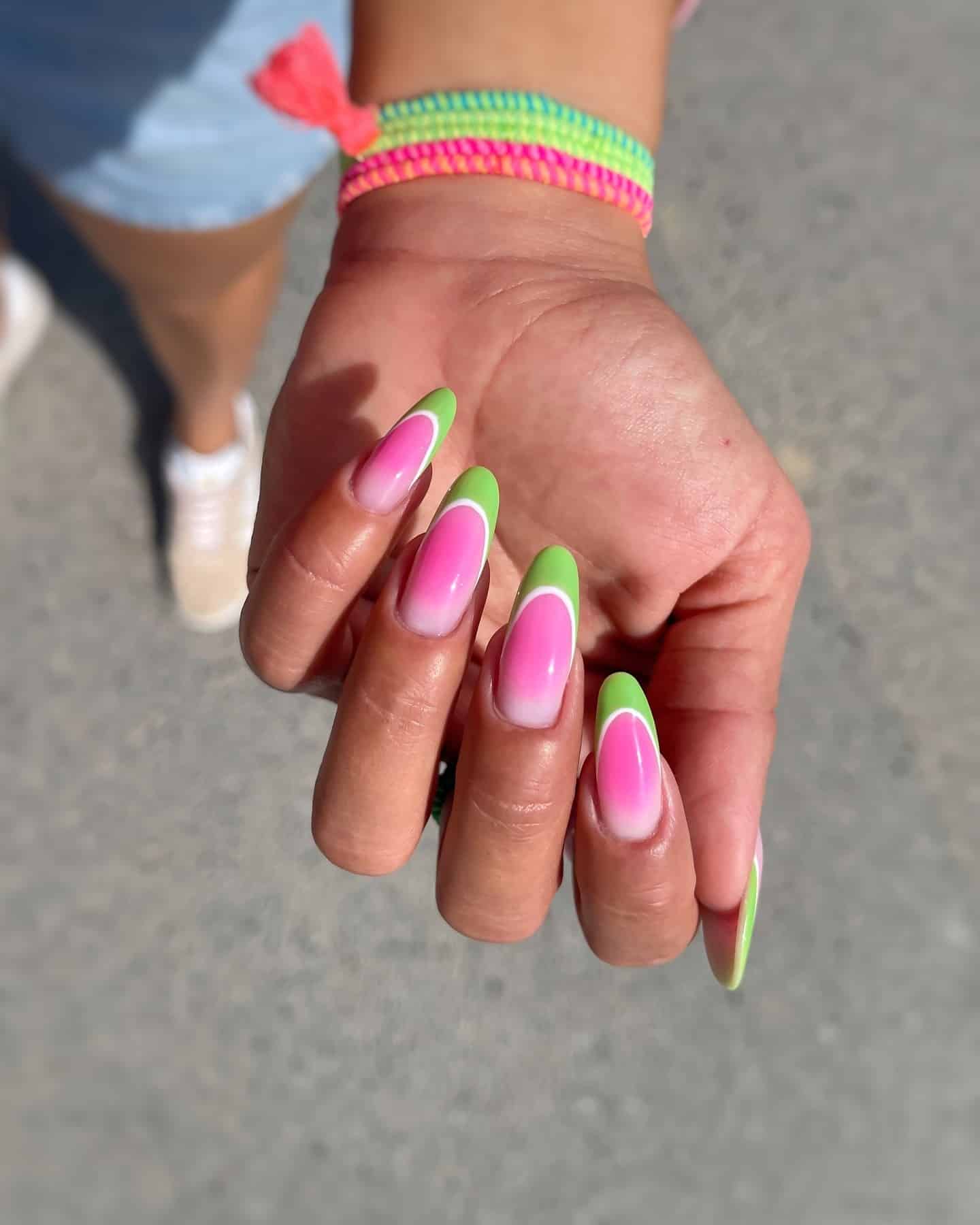 18. Pink and Green Ombre French - watermelon nail ideas